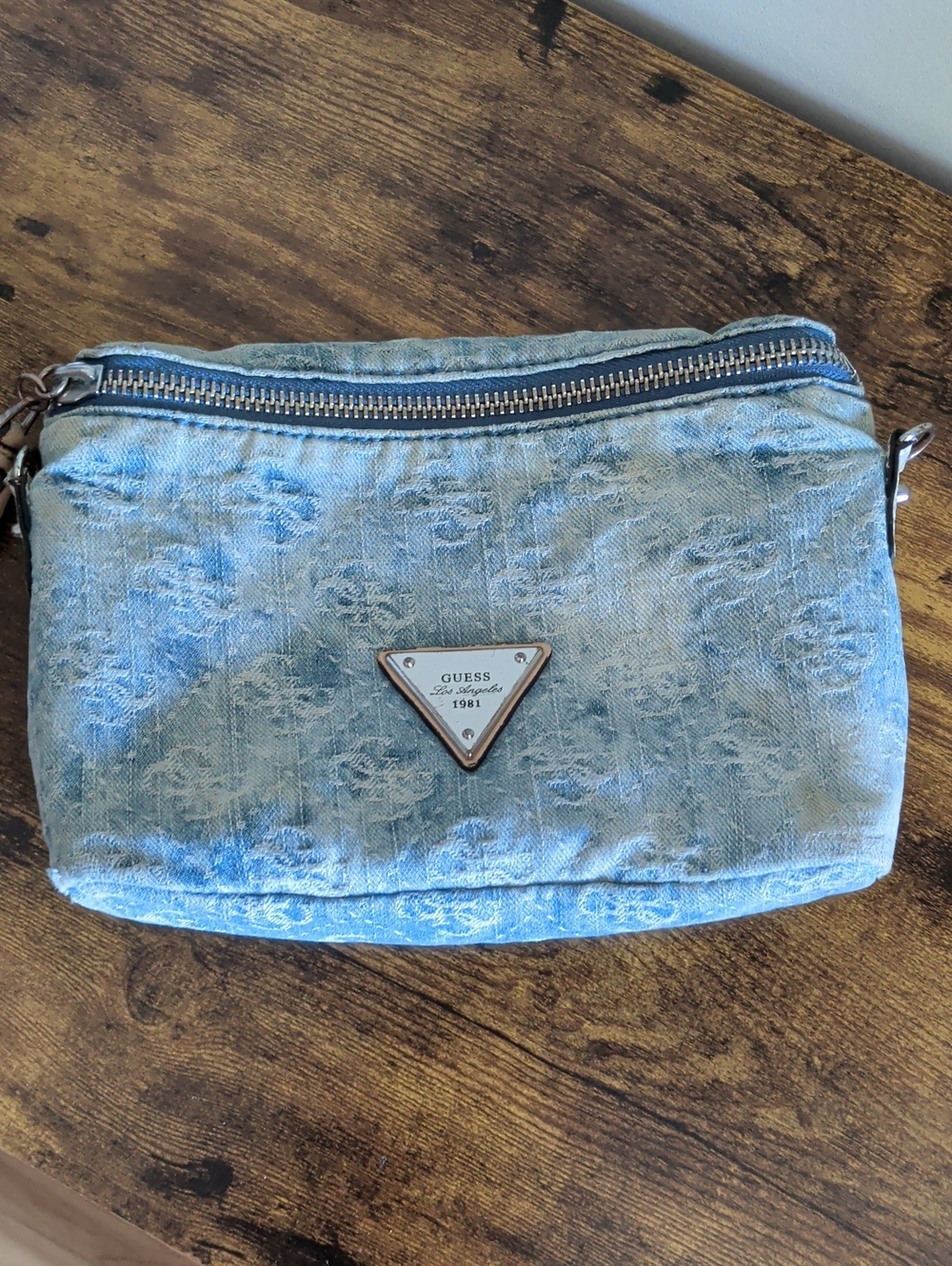 GUESS Light Blue Denim Logo Triangle Crossbody Pouch